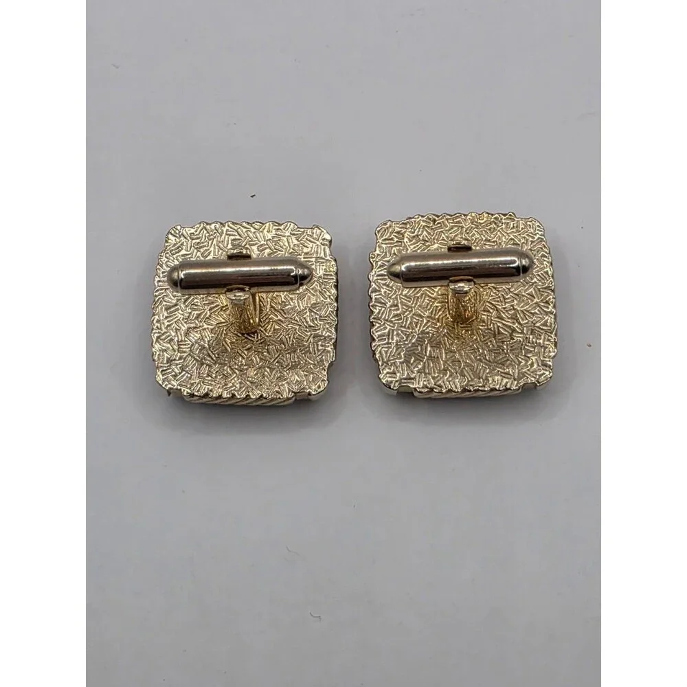 VTG Agate Cufflinks w\ Rope Edge Striped Goldtone Textured Back 1